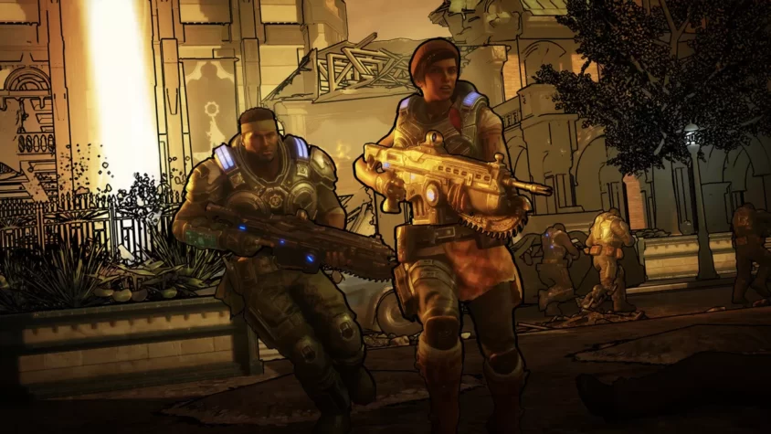 Персонажи Gears 5 в боевой позе, с оружием на готове, на фоне разрушенного города