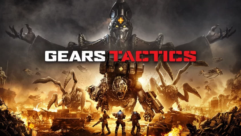 Gears Tactics: Стратегическая война с гигантскими врагами Обложка игры Gears Tactics с разрушающимся городом и гигантскими монстрами