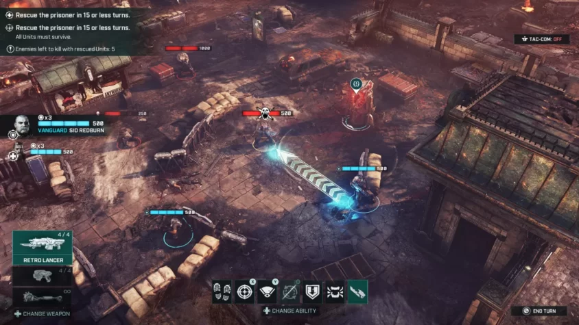 Персонажи Gears Tactics в бою, пытаются спасти пленного