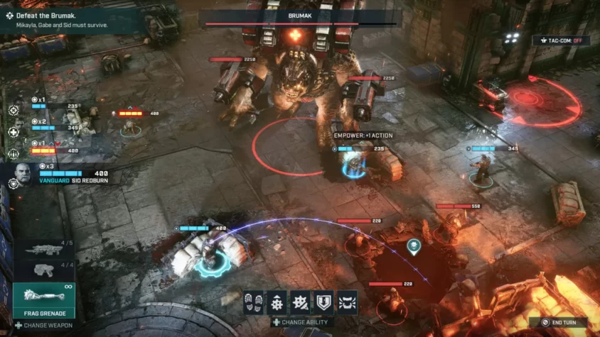 Персонажи Gears Tactics сражаются с огромным монстром Брюмаком
