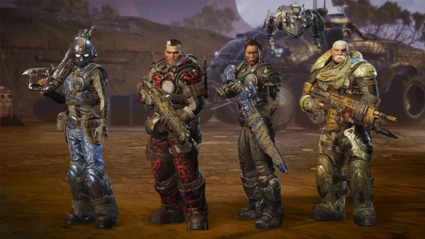 Герои Gears Tactics, готовые к бою, с оружием в руках