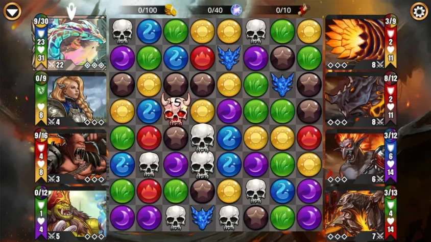 Игровое поле Gems of War, с множеством разноцветных камней и героями на панели слева