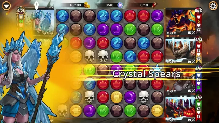 Игровое поле Gems of War с активной атакой Crystal Spears и героиней, покрытой льдом