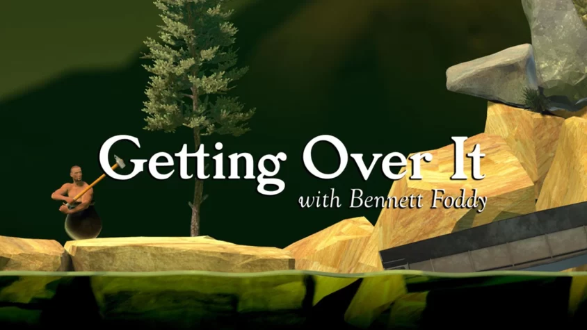 Обложка игры Getting Over It с Беннетом Фодди, где главный герой борется с горой из камней, держа в руках молот