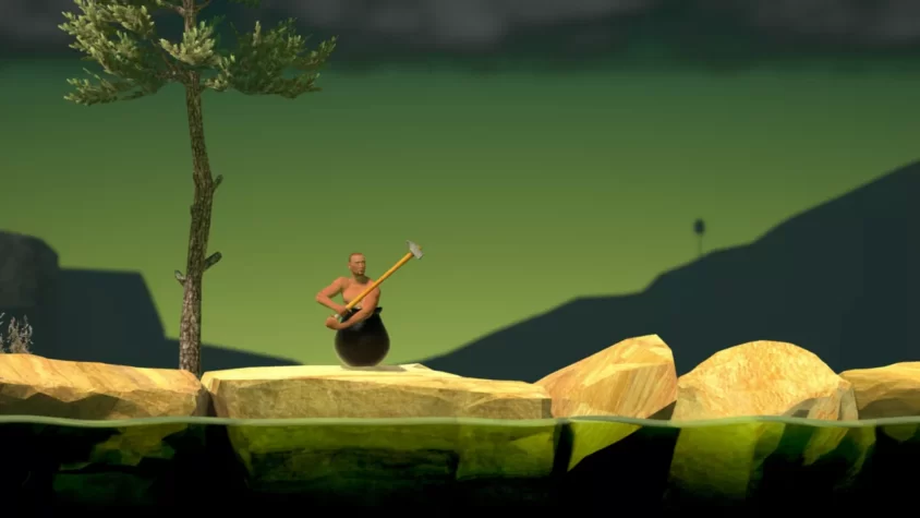 Герой игры Getting Over It с молотом, пытается преодолеть камни и взобраться на гору, окружённый пустым пейзажем