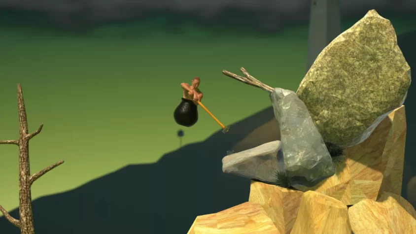 Главный герой игры Getting Over It с молотом, висит в воздухе, пытаясь зацепиться за камни и ветви
