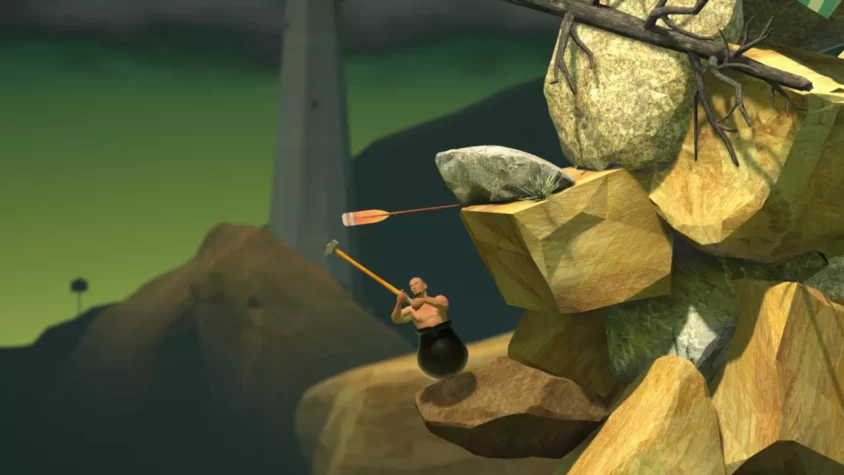 Герой игры Getting Over It с молотом и веслом, пытается зацепиться за камни, продолжая бороться с физикой мира