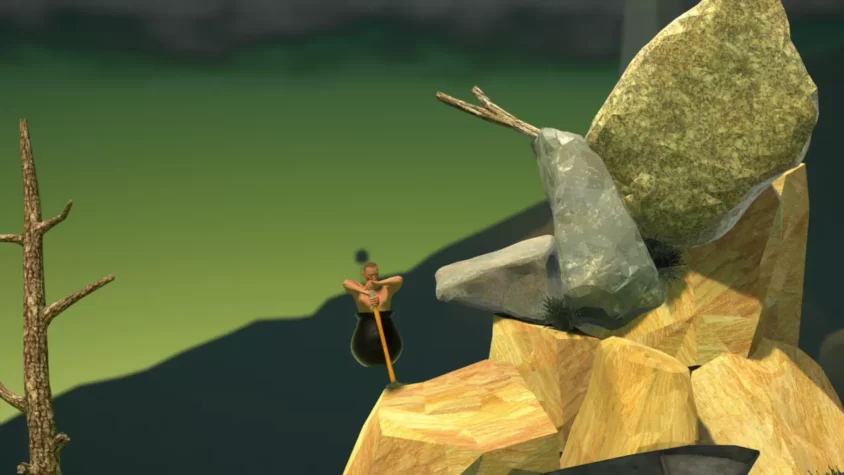 Главный герой игры Getting Over It с молотом застрял между камней, продолжая бороться с каждым движением