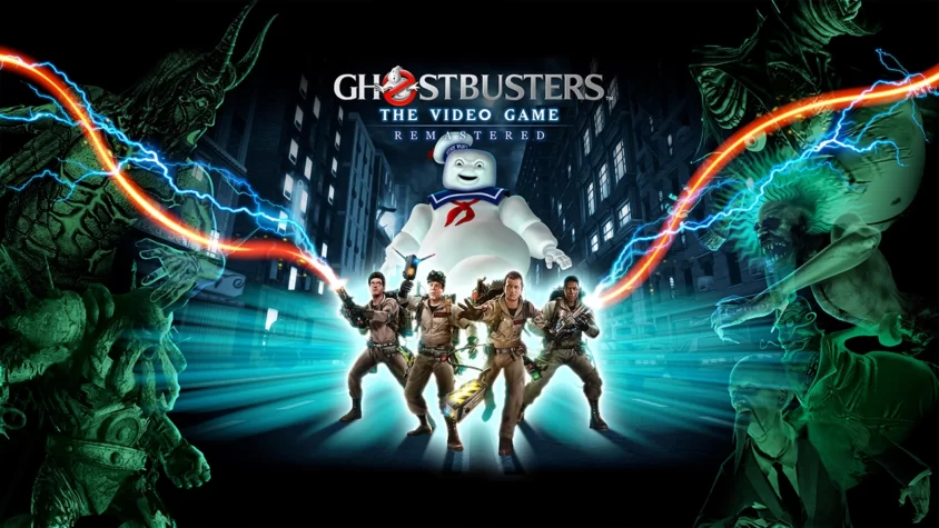 Обложка игры Ghostbusters: The Video Game Remastered, с персонажами, сражающимися с привидениями