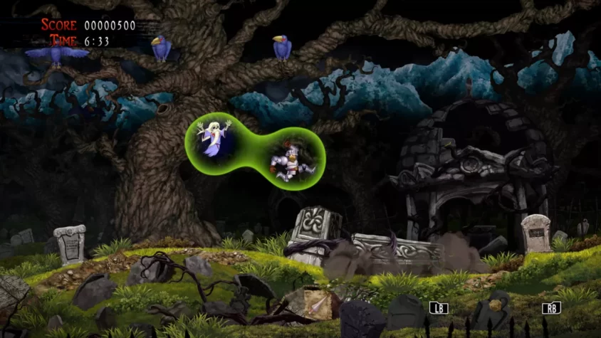 Герой игры и привидение в игре Ghosts 'n Goblins Resurrection на фоне мрачного леса и разрушенной постройки