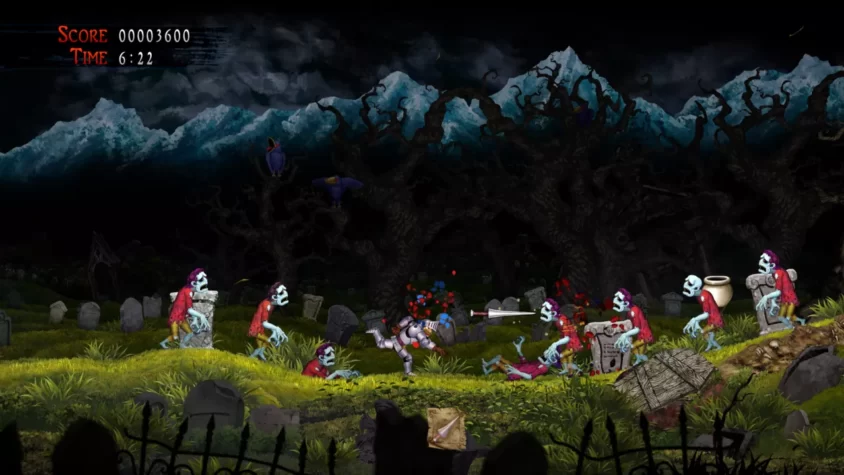 Рыцарь сражается с зомби на фоне мрачного кладбища в игре Ghosts 'n Goblins Resurrection