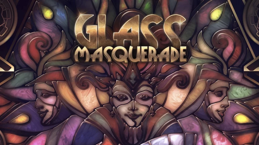 Обложка игры Glass Masquerade, с витражным стилем и персонажами в масках