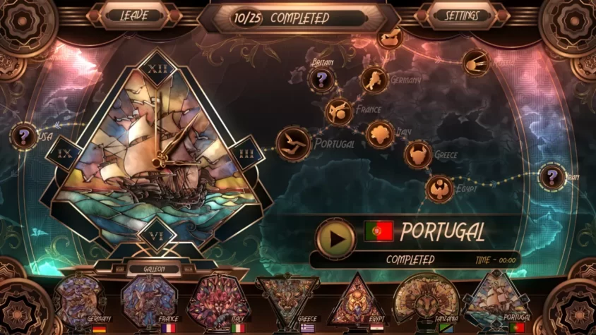 Игровой процесс Glass Masquerade с кораблём и картой прогресса