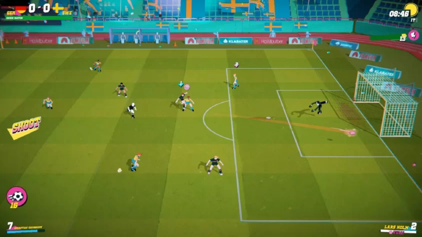 Момент из игры Golazo! Soccer League, где игроки борются за мяч на поле