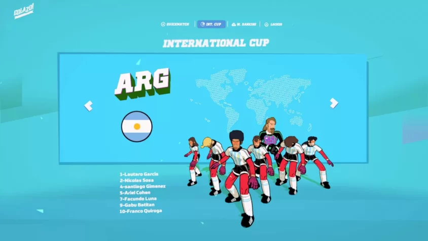 Выбор команды для международного кубка в Golazo! Soccer League, где игроки собираются на поле