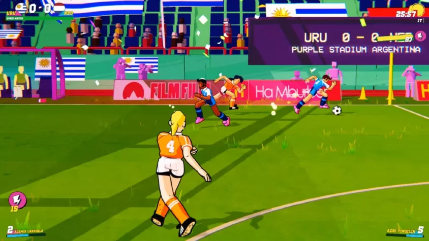 Игровой момент в Golazo! Soccer League с игроками, соревнующимися на поле с флагами Уругвая на трибунах