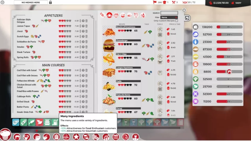 Меню в Chef: A Restaurant Tycoon Game