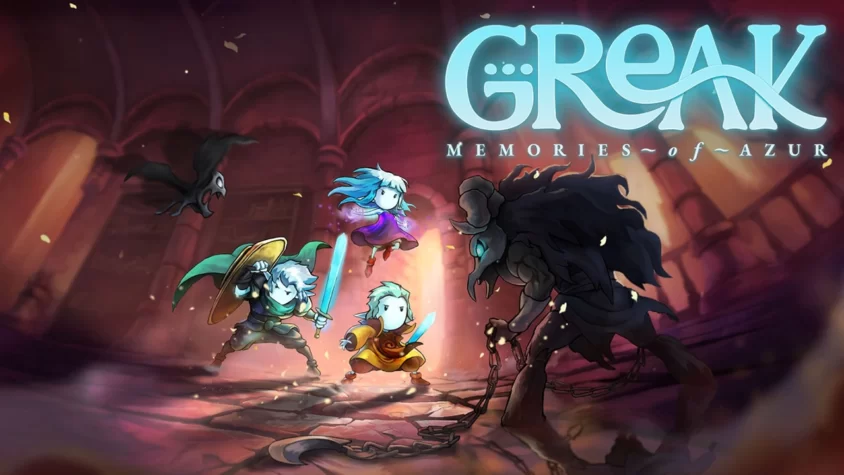 Обложка игры Greak: Memories of Azur, где персонажи с мечами сражаются с мистическим существом в тёмном подземелье