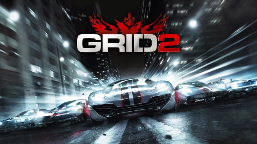 Обложка игры Grid 2, где машины мчатся по ночному городу с огоньками и неоновыми вывесками
