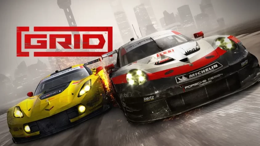 GRID — Невероятные гонки и экстремальные столкновения Обложка игры GRID — два автомобиля, один из которых в ярко-желтом цвете, а другой — в стильном черно-красном, сталкиваются на трассе.