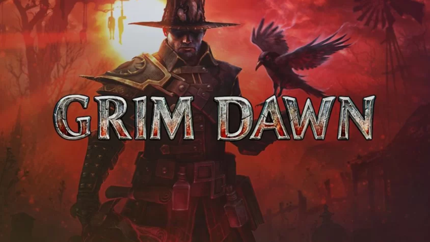 Grim Dawn - Обложка игры Обложка игры Grim Dawn, демонстрирующая мрачную атмосферу и персонажа с вороном на плече