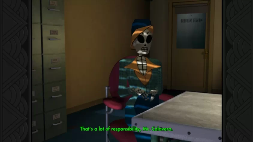 Персонаж сидит за столом в офисе, произнося фразу: 'That's a lot of responsibility, Mr. Calavera.'