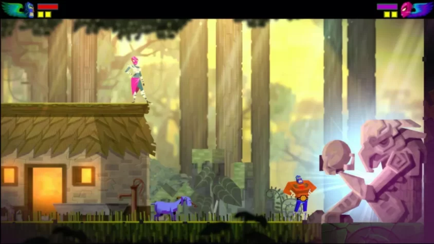 Герои Guacamelee! в лесу: бой, загадки и странные статуи