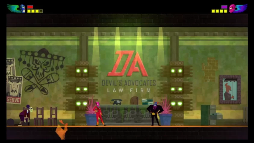 Герои Guacamelee! встречают злодея в офисе юридической фирмы с заманчивым названием