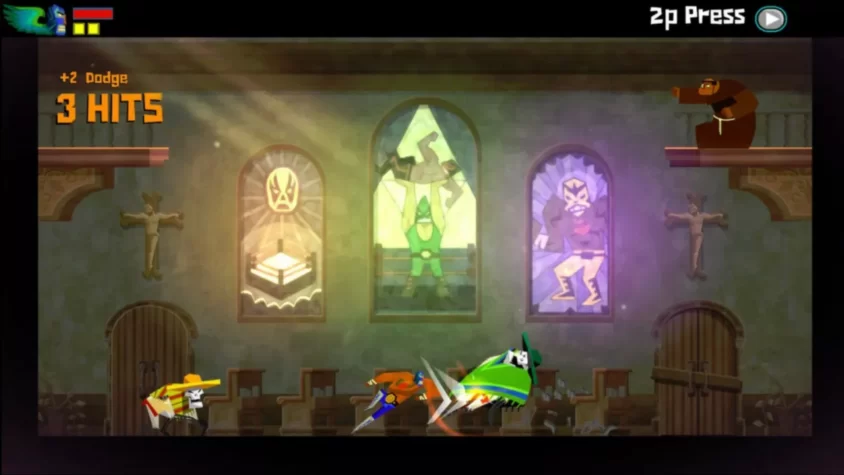 Герои Guacamelee! сражаются в храме среди витражей, изображающих великих борцов