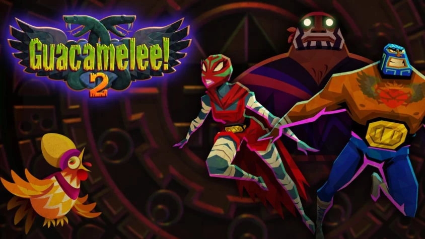 Обложка игры Guacamelee! 2, где герои сражаются, пока птица смотрит на них с удивлением