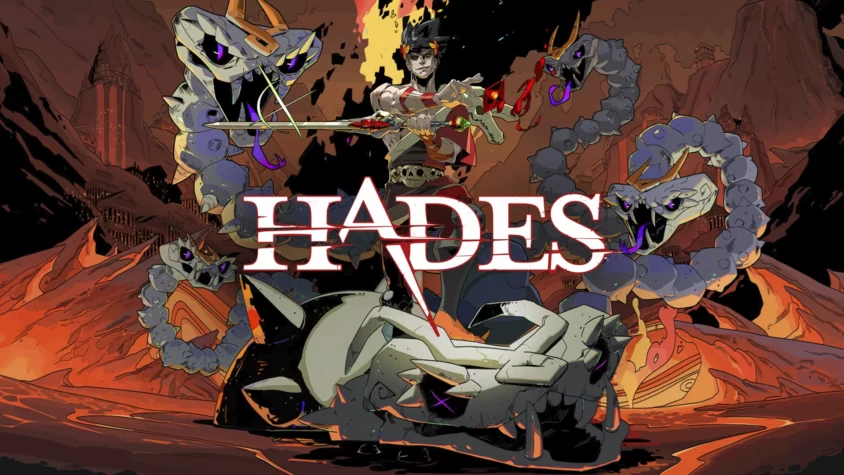 Обложка игры Hades, где главный герой Зевс с оружием стоит среди разрушенных каменных змей и лавы