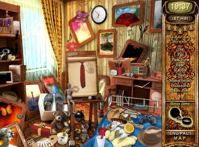 Сцена из игры Haunted Hotel: Charles Dexter Ward с комнатой, полной различных предметов для поиска