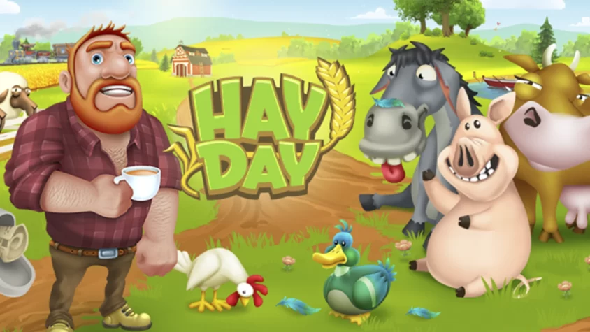 На обложке игры Hay Day фермер с чашкой кофе и его животные в окружении фермы