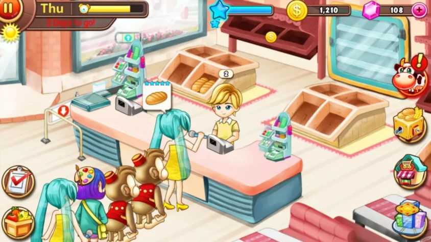 Магазин в Hay Day с очередью обезьян и продавцом на кассе