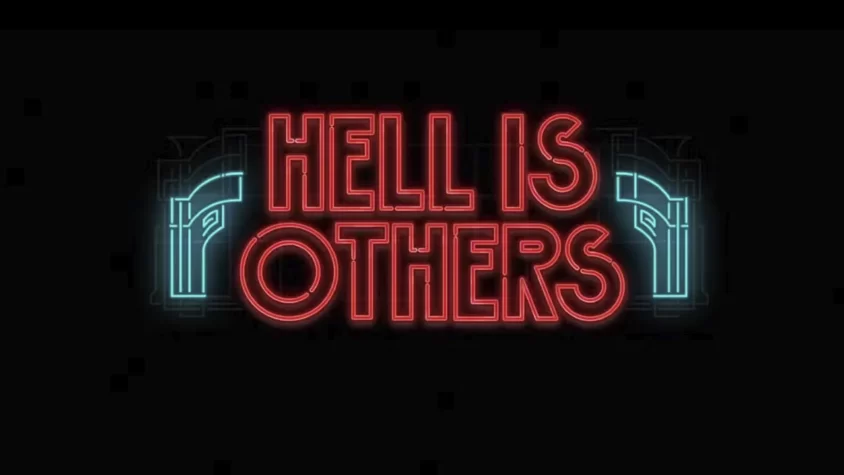 Hell is Others Обложка игры с яркими неоновыми буквами, на которых написано 'HELL IS OTHERS', с элементами футуристического дизайна
