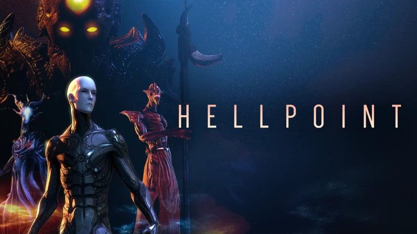 Обложка игры Hellpoint с загадочными существами и роботом на переднем плане