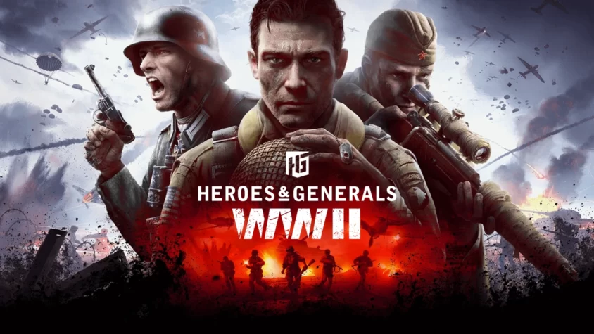 Обложка игры Heroes & Generals WWII, солдат в центре, сражающийся на фоне разрушений и военной техники