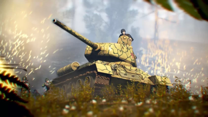 Танк Т-34 с уникальной камуфляжной раскраской на фоне ползущих солдат