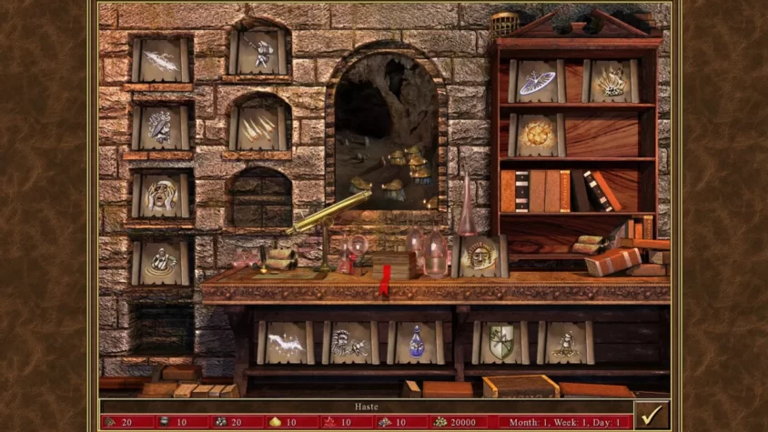 Магический стол в Heroes of Might and Magic III с заклинаниями и зельями