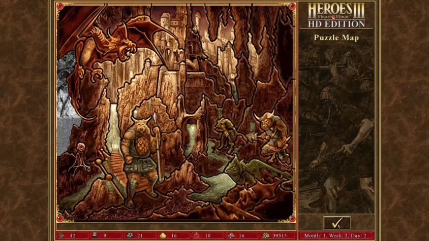 Пазл карты в Heroes of Might and Magic III с изображением подземелья и существ