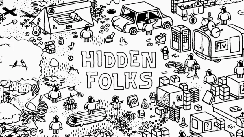 Обложка игры Hidden Folks с пиксельным изображением с множеством спрятанных персонажей и объектов