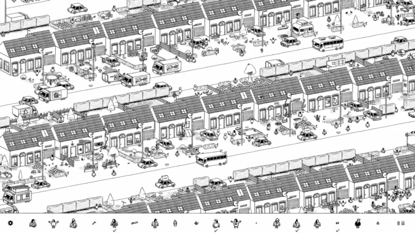 Геймплей игры Hidden Folks с изображением жилого района и множеством объектов и персонажей