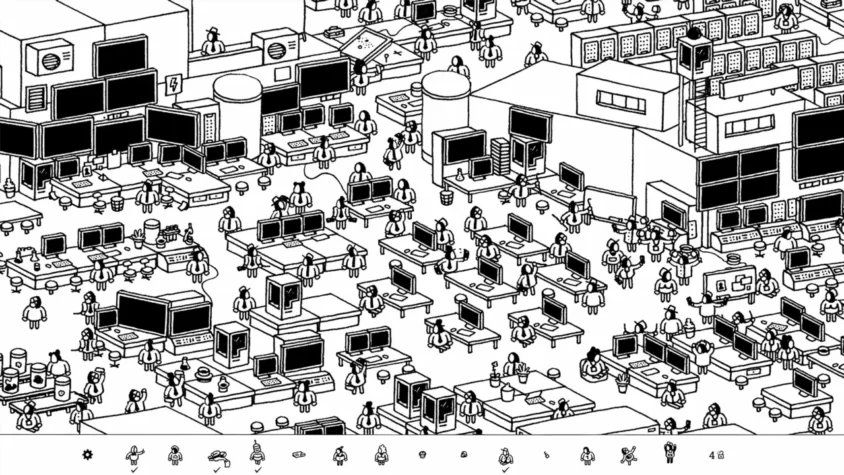 Геймплей игры Hidden Folks с изображением огромного офисного пространства, наполненного компьютерами и людьми