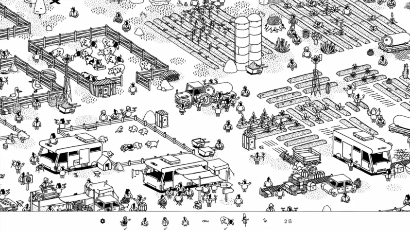 Геймплей игры Hidden Folks с изображением фермы, на которой люди и животные занимаются повседневными делами