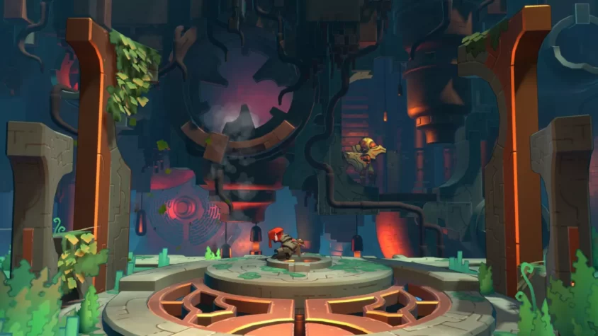 Персонаж в игре Hob на фоне гигантских механических конструкций и странной растительности
