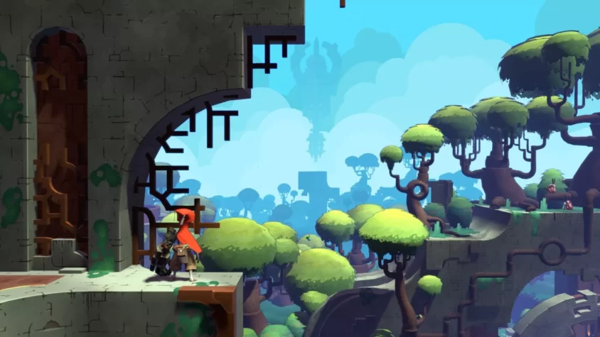 Персонаж в игре Hob стоит на краю обрыва, окруженный зелеными деревьями и разрушенными зданиями