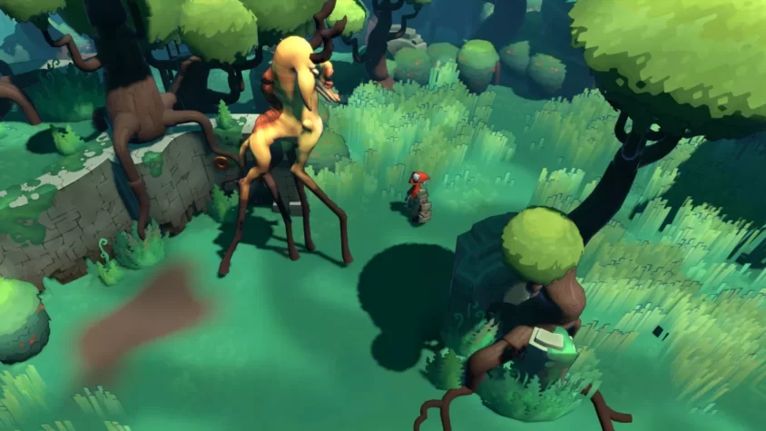 Персонаж в игре Hob встречает странное существо с длинными ногами в лесной местности