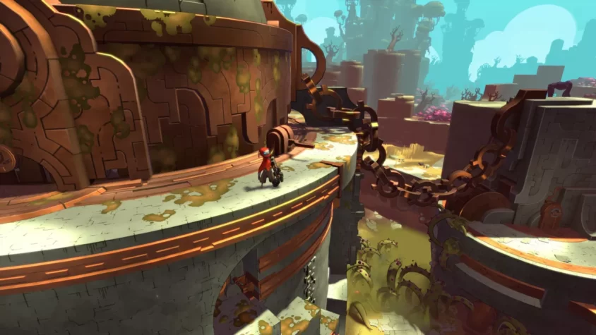Персонаж в игре Hob на высоте, окруженный разрушенными механическими сооружениями и ржавыми цепями