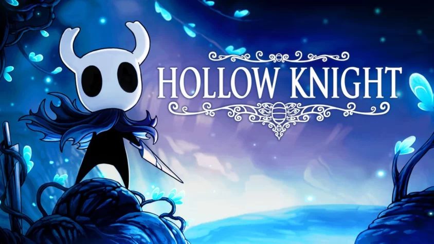 Главный герой Hollow Knight, с мечом и в плаще, стоит на фоне туманного леса, полный тёмной магии и мистики