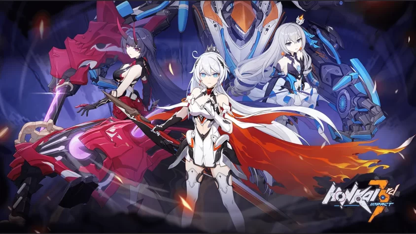 Главная обложка игры Honkai Impact 3rd, где героини в крутых костюмах стоят на фоне своих мехов